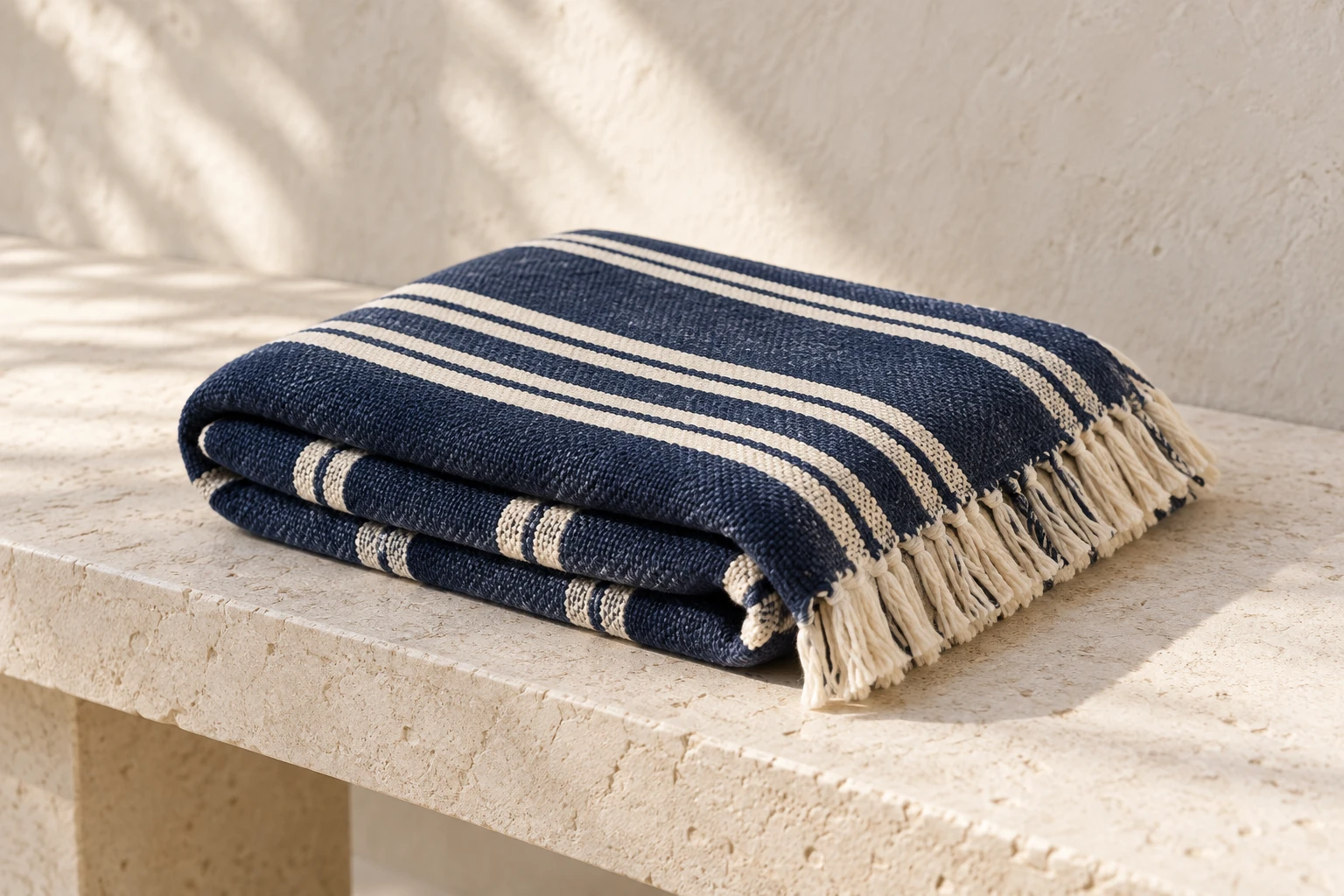 Folded striped cotton throw, photographed on a pale stone bench.